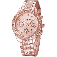 Fanmis Luxury Iced Out Pave Floating Crystal Quartz Calendar Rose Gold Stainless Steel Watch